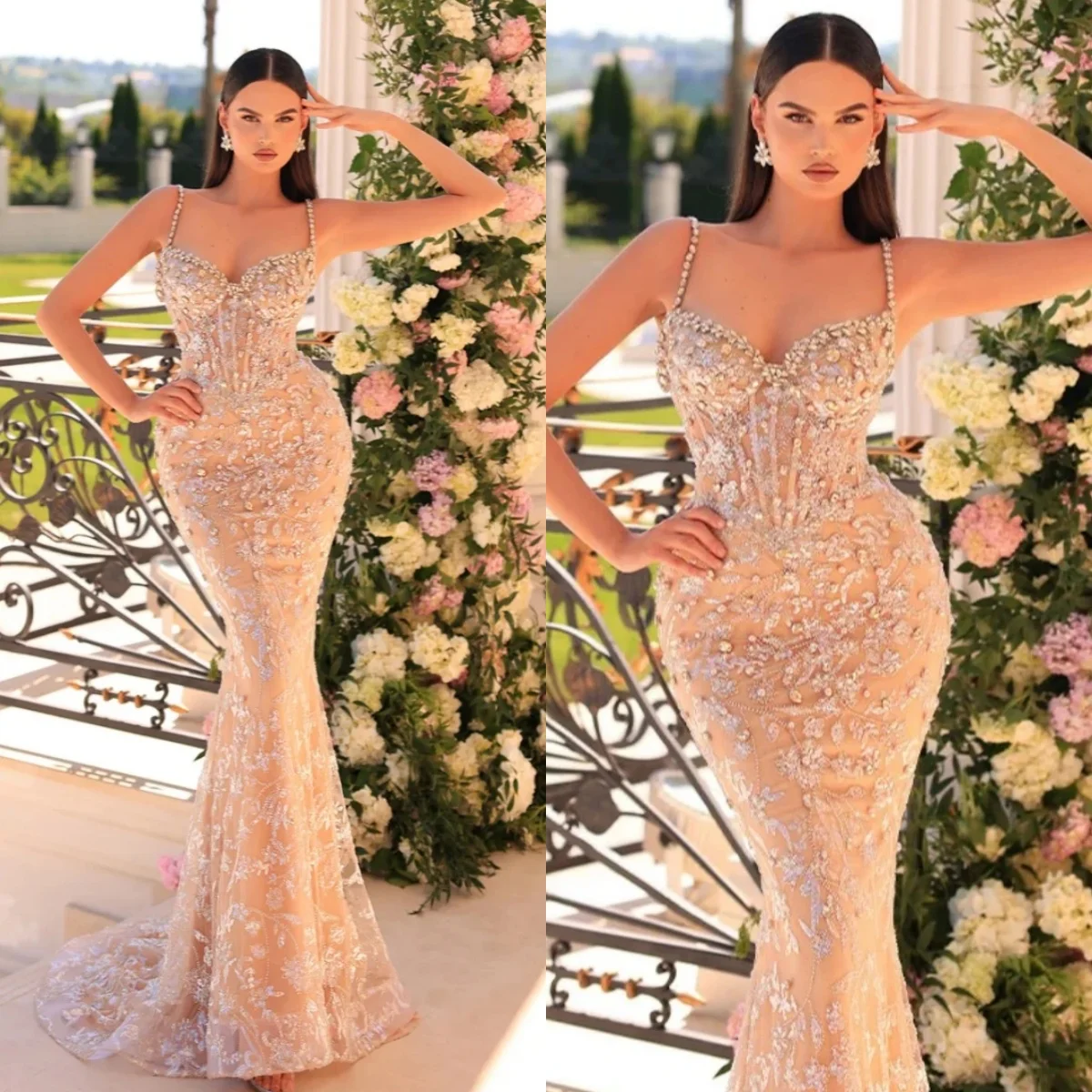 

Luxury Evening Dresses For Women Spaghetti Strap Sleeveless Gown Crystal Sequins Sweep Train Dress Party Customized