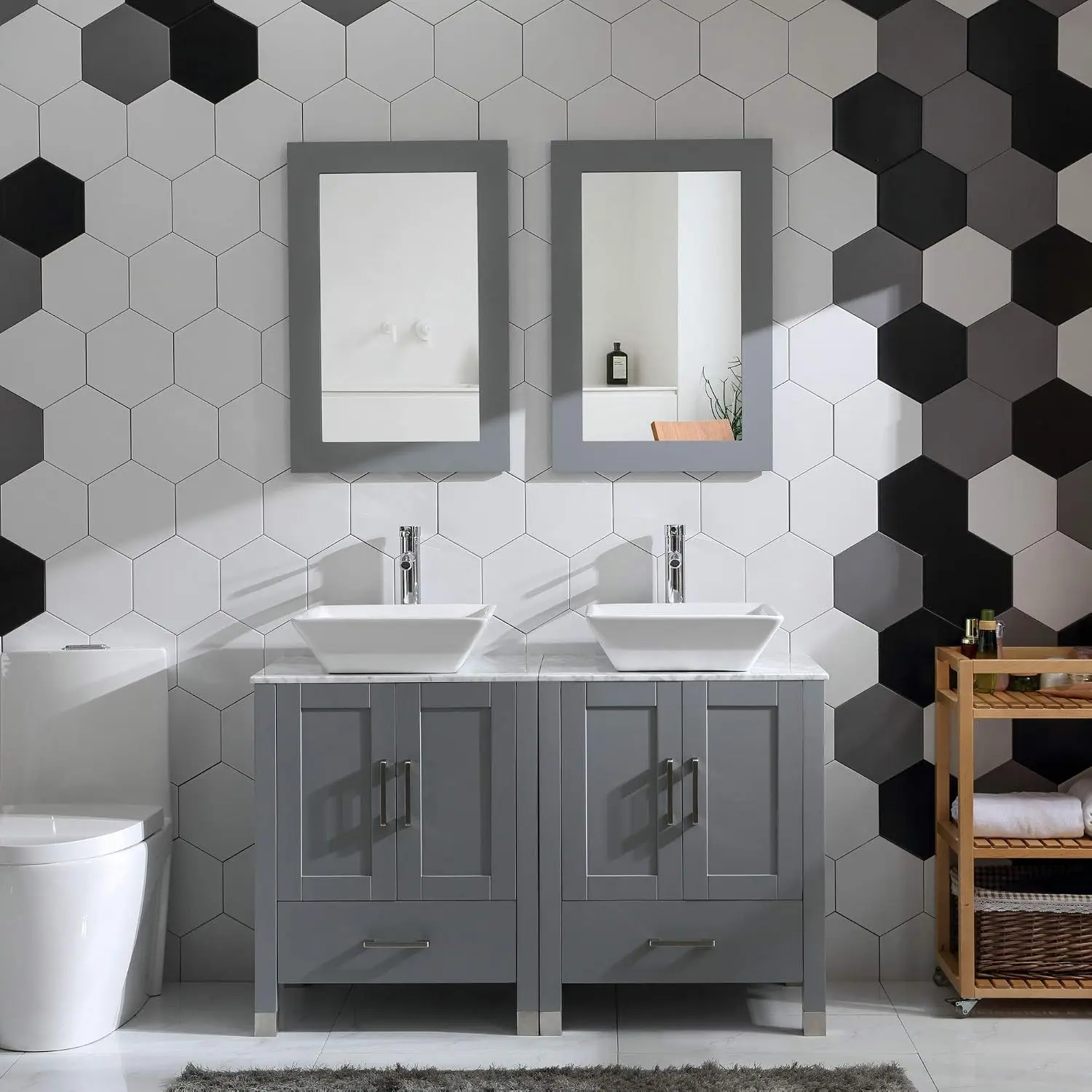 48 inch Double Sink Bathroom Vanity Cabinet Combo Glass、Marble Top Grey Paint Wood w/Faucet, Mirror&Drain Set (Solid Wood + Marb
