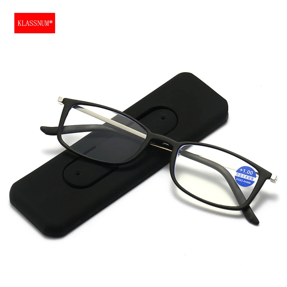 KLASSNUM Portable Reading Glasses Eyeglasses Men Women Square Magnifying Glasses Plus Eyepiece Multi Functional Phone Holder