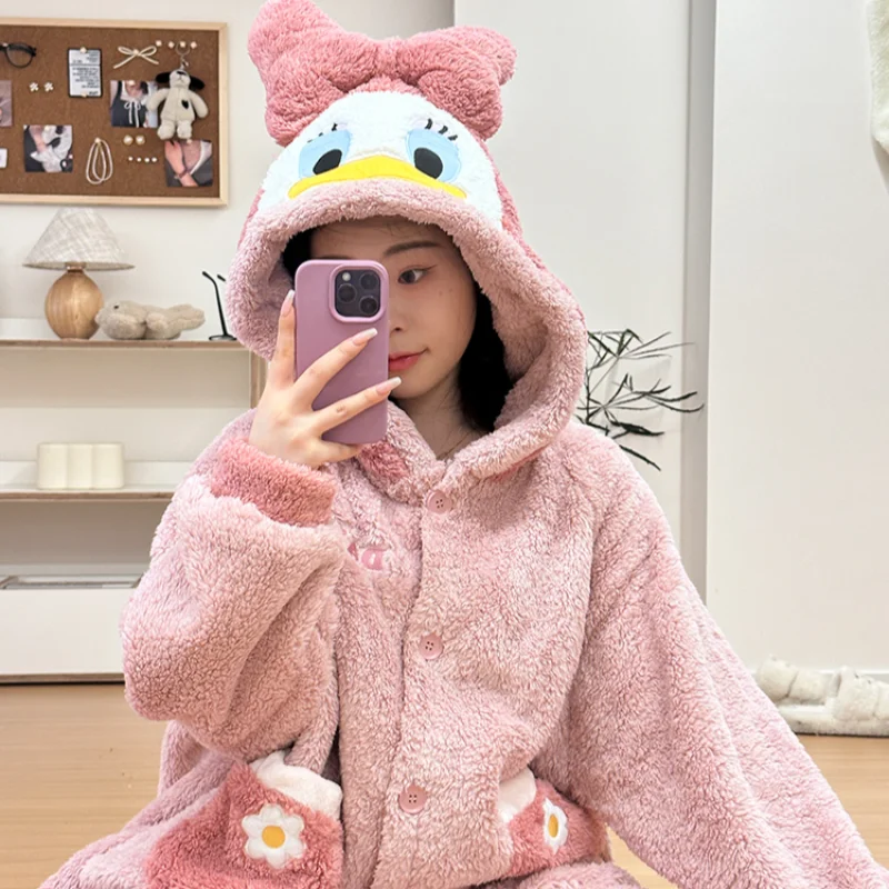 Cartoon Disney pajamas winter long hooded trousers casual two-piece set women's pajamas women's pajamas loungewear nightgown