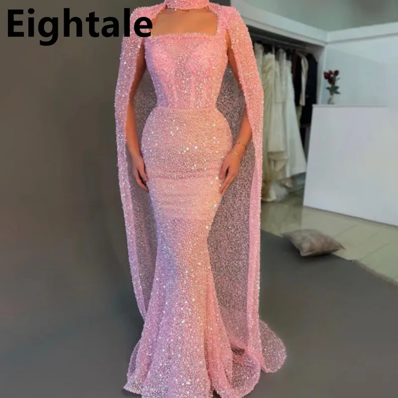 Eightale-Glitter Pink Mermaid Evening Dresses com capa, Sparkle Sequin Prom Dresses, Dubai Formal Party Gown, 2023