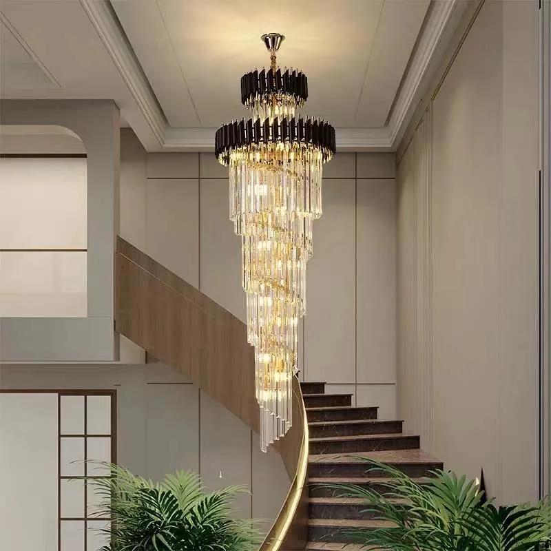 Candelabro LED de Cristal de lujo para escalera de Villa, lámpara colgante de Cristal grande y moderna, accesorio de iluminación largo para interior del hogar dorado