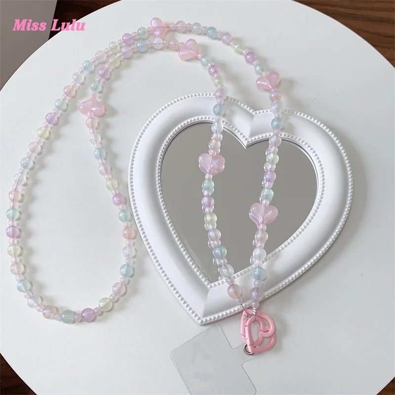 Cute Heart Love Beads Hanging Long Chain Phone Strap Colorful Bowknot Lanyard Woman Girl Bag Camera Pendant for Airpods Cases