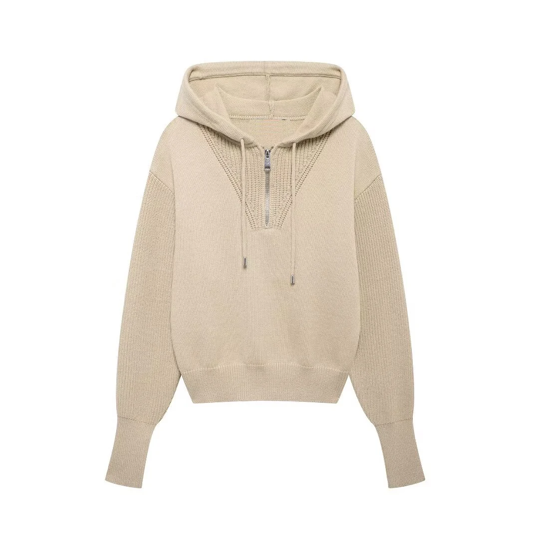 Tangada 2024 Women Zipper Hood Sweater Jumper Long Sleeve Female Crop Pullovers BE0326