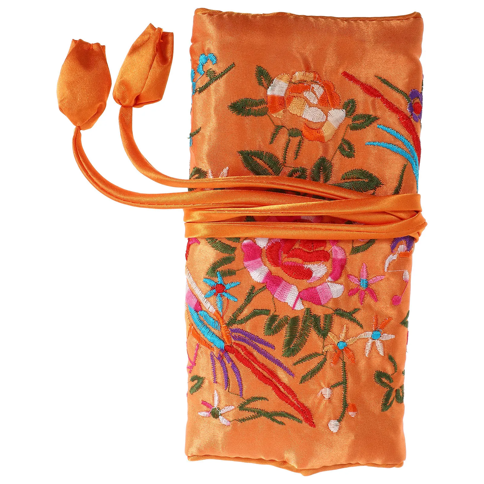 

Handmade Embroidered Jewelry Roll Bag Orange Multi-Purpose Storage Pouch For Travel Jewelry Organizer With