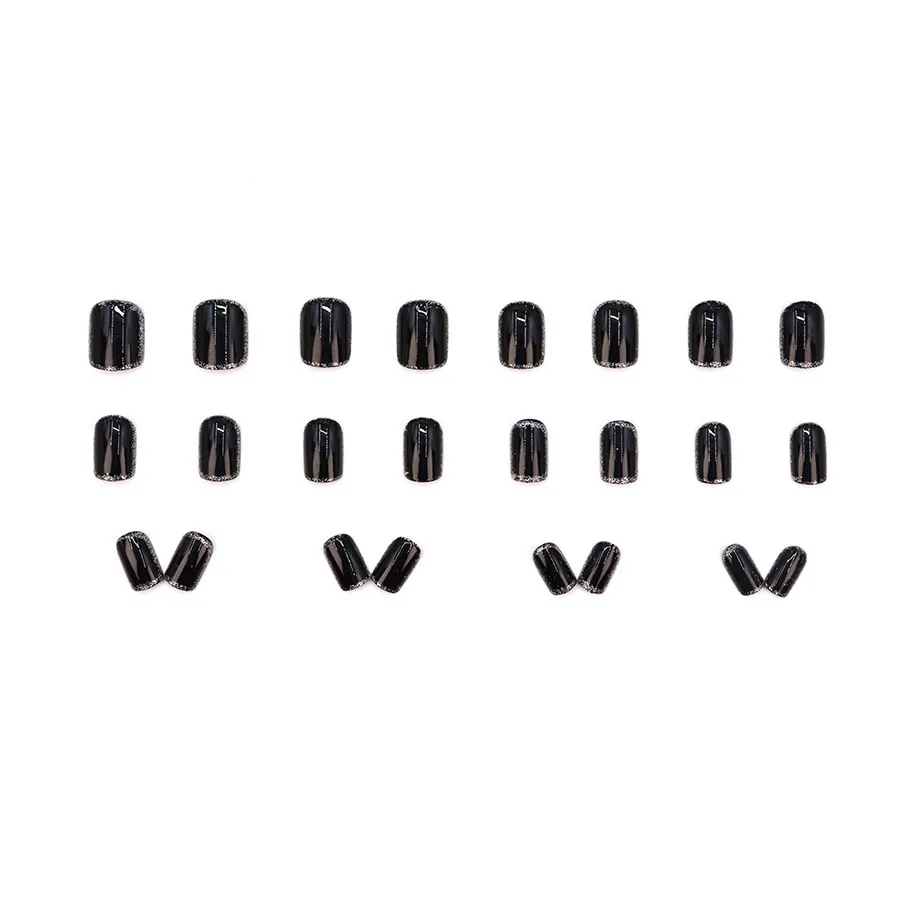 24個入り ブラックネイル プレスオン ガールズ シルバーグリッターネイルチップ ショート人工ネイルアート 再利用可能 粘着剤付きつけ爪