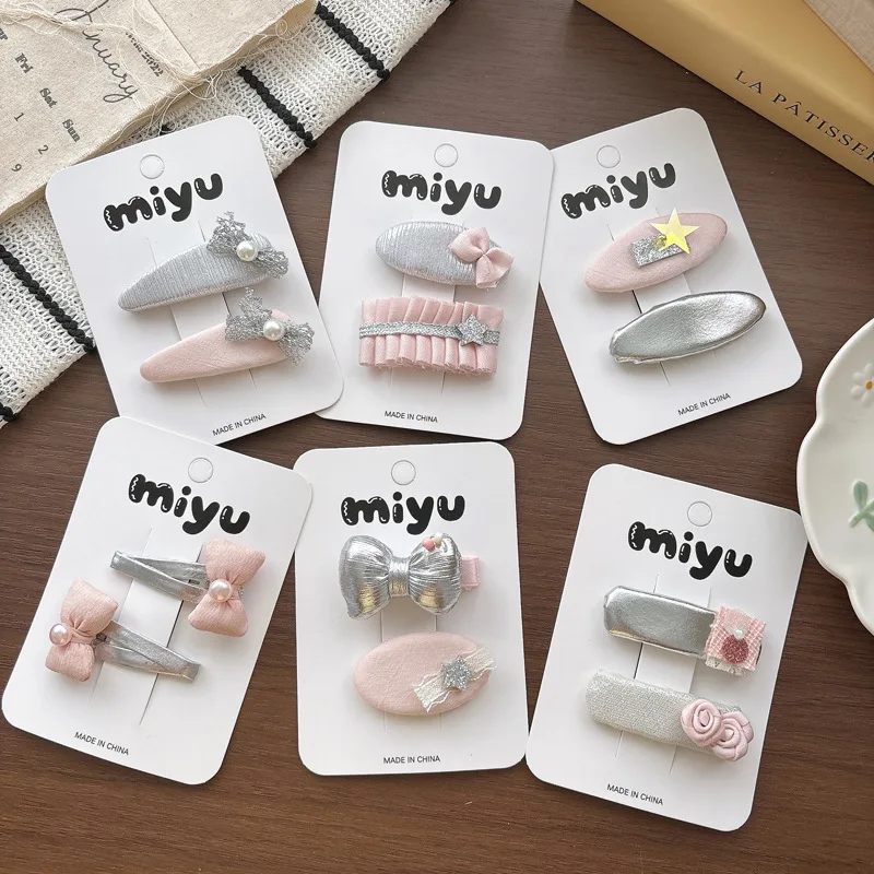 2pcs/lot Silver Bow Hairpin Sweet Girl Pink Bangs Side Clip Hairpins Kids BB Clip Children's Hair Accessories Barrettes Headwear
