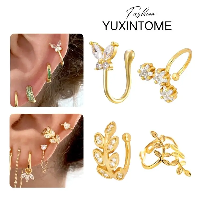 

1 шт., 24-каратное золото, манжеты для ушей с цирконием CZ для женщин, модные серьги-бабочки INS с листьями/серьги-бабочки, роскошные ювелирные изделия, клипса на уши, оптовая продажа