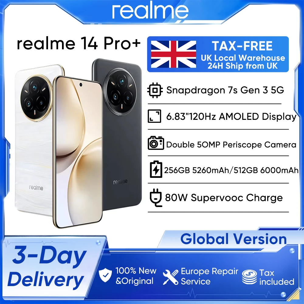 realme 14 Pro+ Global Version 6.83"120Hz AMOLED Display Snapdragon 7s Gen3 80W SuperVOOC Charge 6000mAh Double 50MP Sony Camera