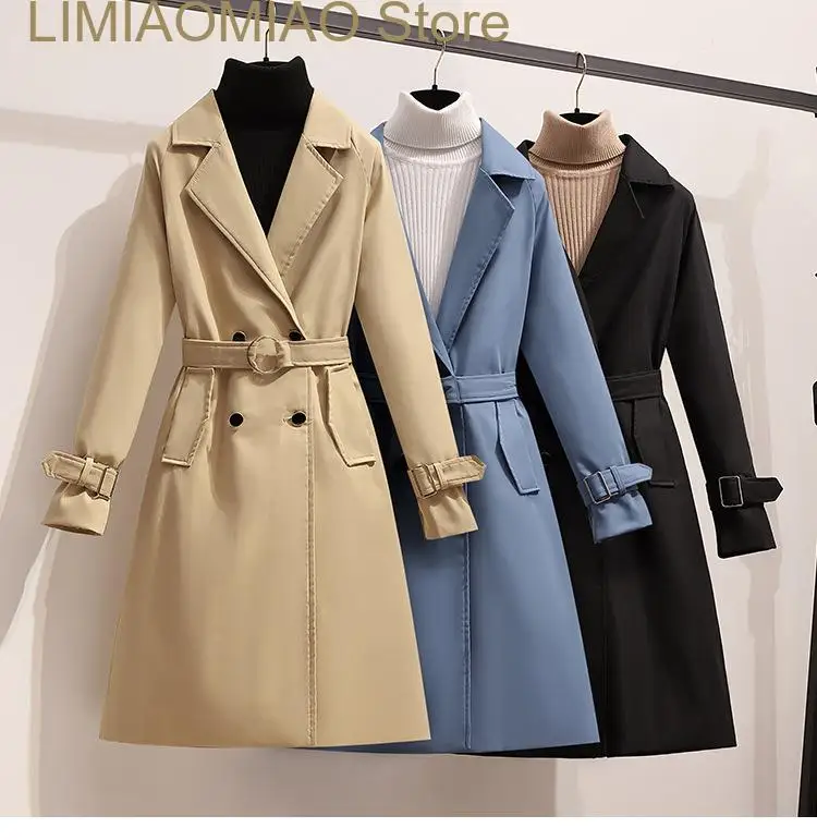 

New Coats Woman Winter Fashion Solid Color Lapel Double Row Buckle Belt Long Trench Coat for Women Jacket Female Clothing Tops