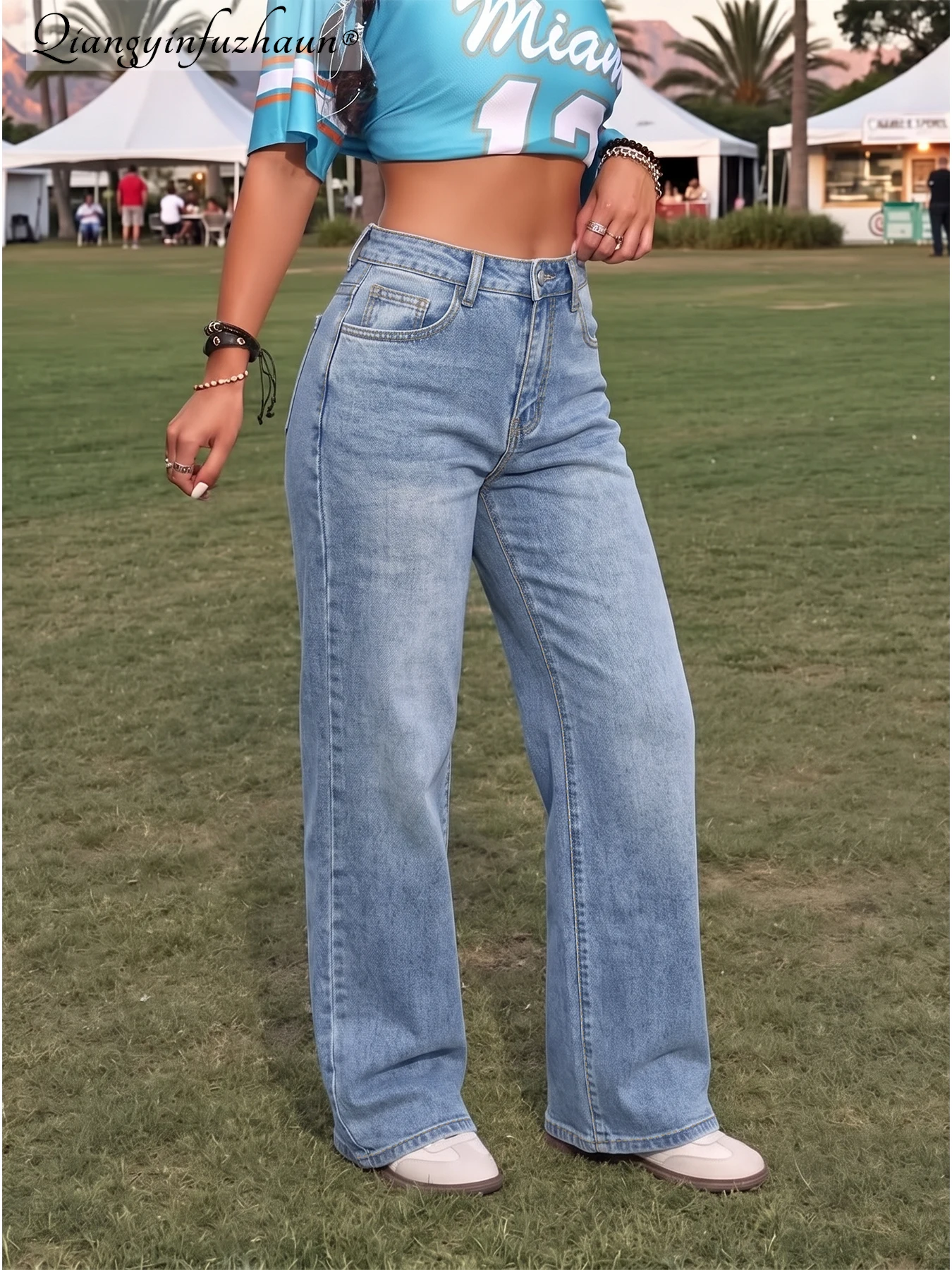 Color-fast water-washed light blue straight-leg denim high-waisted stretchy versatile daily wear casual pants for women