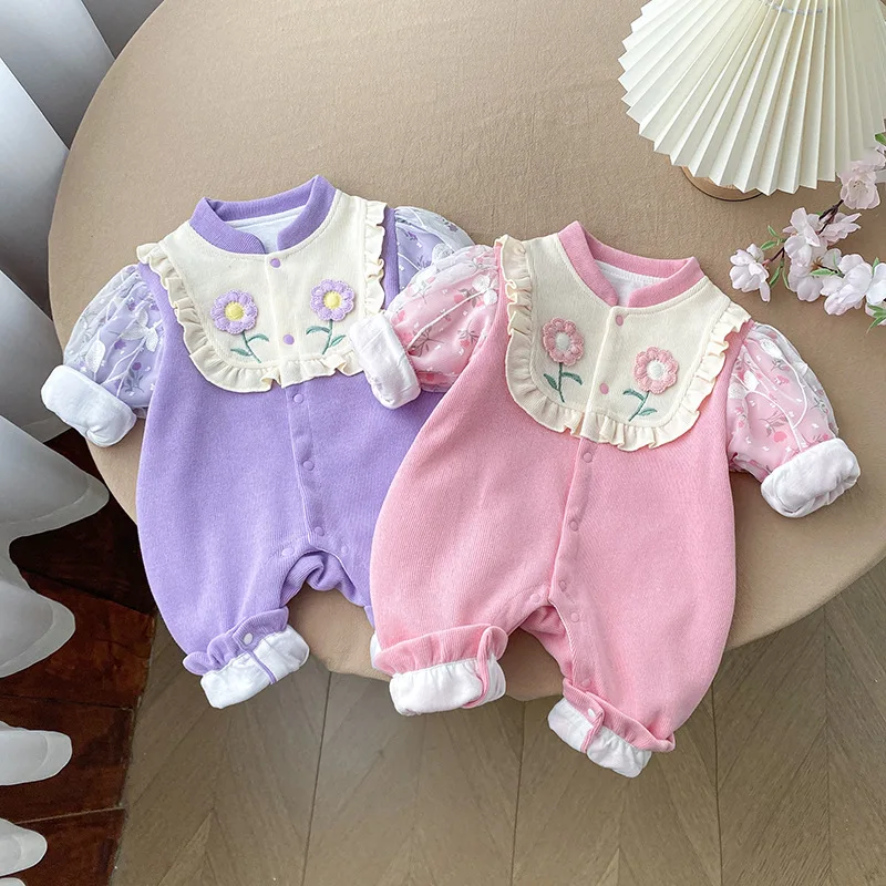 

MILANCEL New Autumn Baby Girls Romper 0-24M Sweet Embroidery Mesh Long Sleeve Jumpsuit Infant Floral Princess Outwear