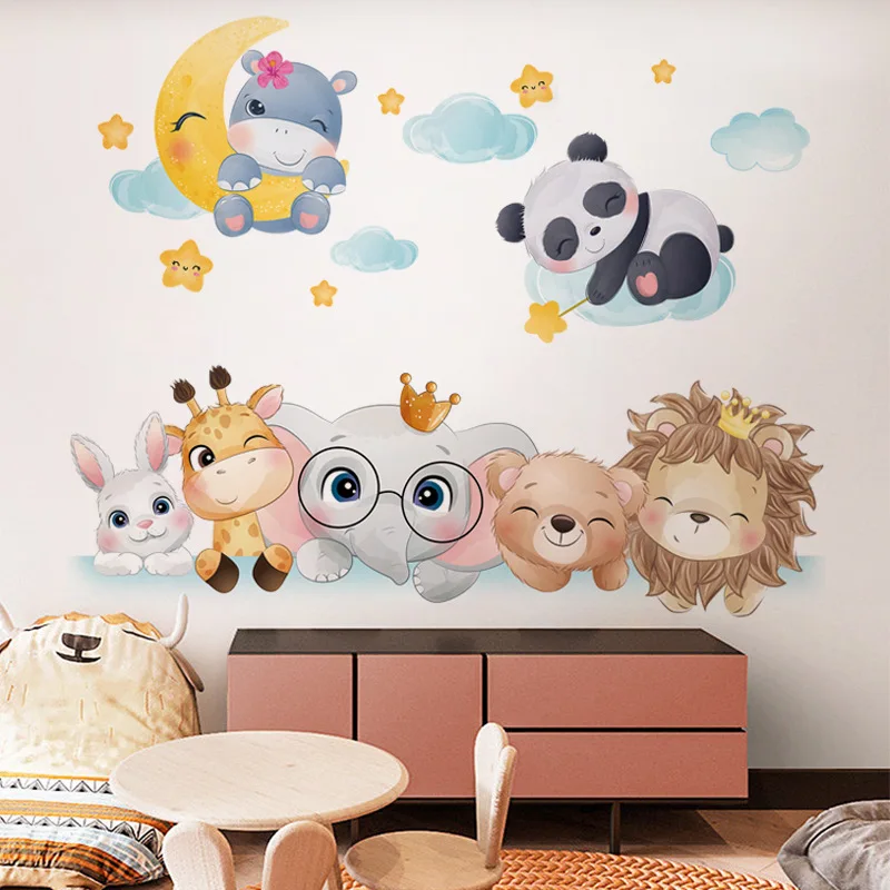 Nordic Cartoon Animals Wall Stickers for Children Kids Rooms Girls Boys Baby Room Decoration Wallpaper Elephant Panda Giraffe