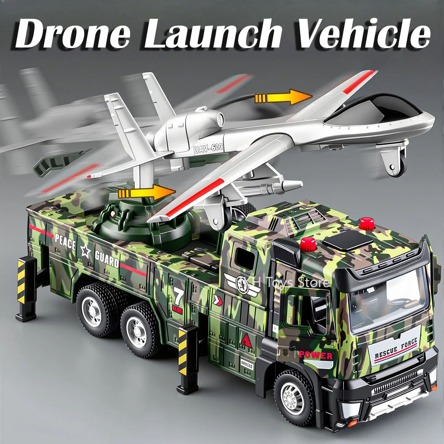 

1:32 Drone Launch Vehicle Toy Models Alloy Diecast Military Tank Transport Cars Sound Light Doors Opened Pull Back for Kid Gifts