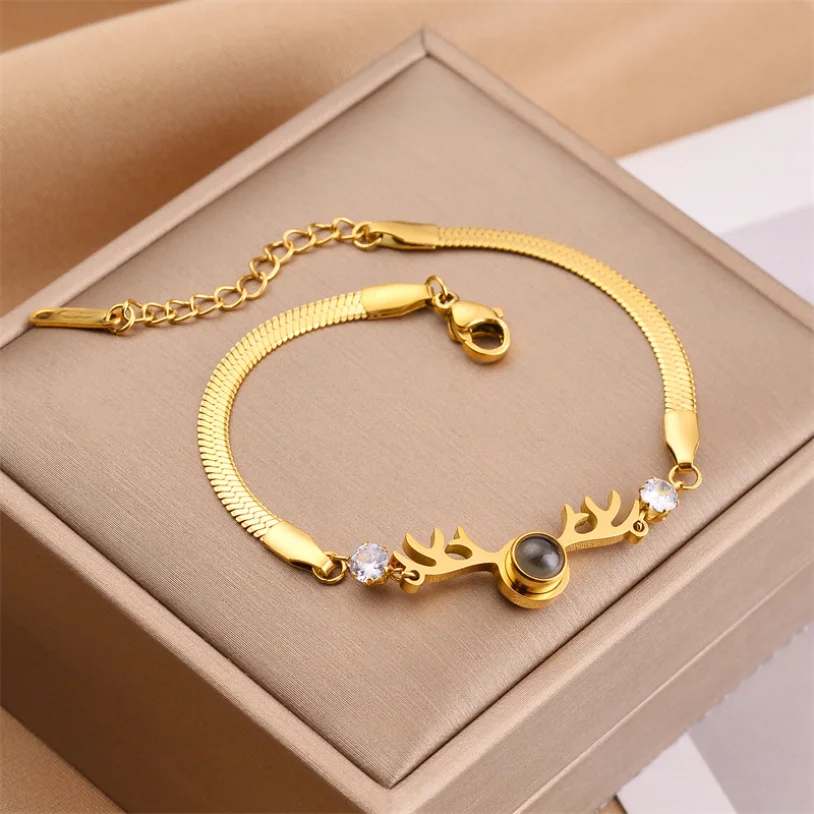 

316L Stainless Steel New Fashion Jewelry Zircon Reindeer Projection I Love You In 100 Languages Charm Chain Bracelets For Women