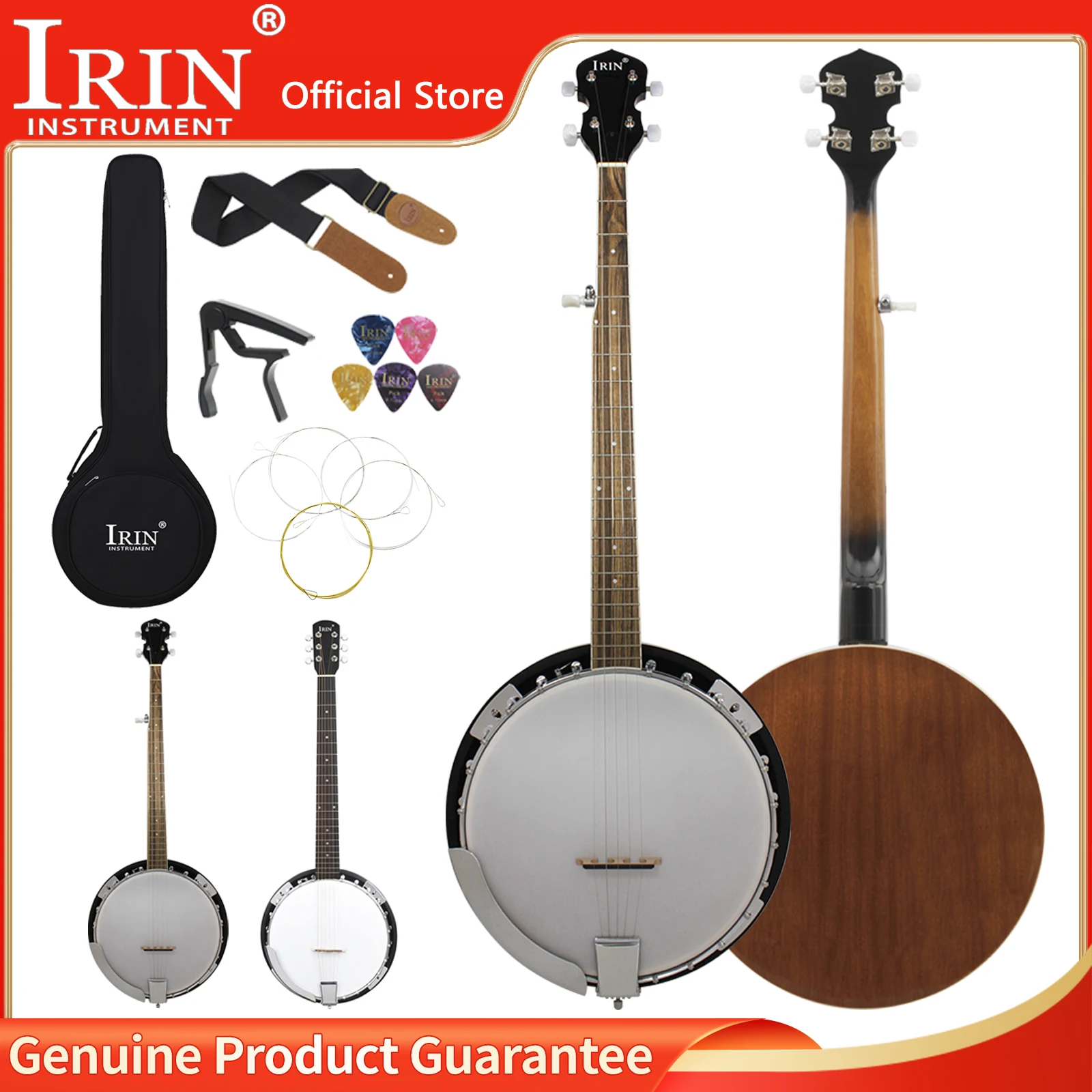 IRIN 5/6 String Banjo 22 Frets Sapele Material Banjo Guitar Stringed Instrument with Bag Strings Capo Strap Pick Accessories