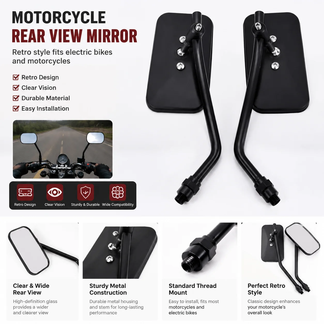 Retro Rectangle Motorcycle Rear View Mirror 1 Pair Metal Side Mirror 10mm Positive Thread For Scooter Electric Bike Black Chrome