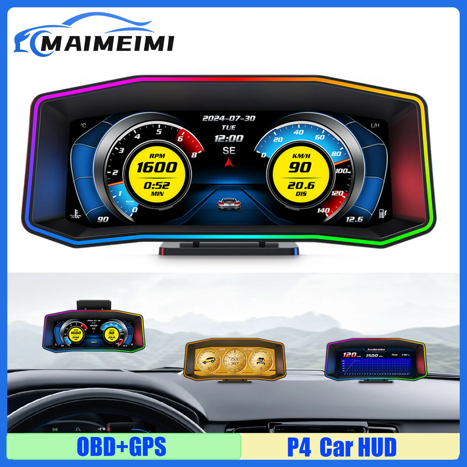 6.2inch P4 Car HUD OBD Head-Up Display Digital GPS Speedometer RPM Turbine Meter Slope Meter Acceleromter Exhaust Temp Compass