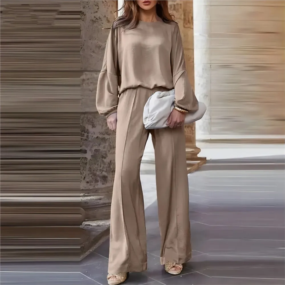 Spring Autumn Fashion Solid Color Women\'s Office Suit Lantern Sleeve Wide Leg Trousers Casual Simple Elegant 2piece Set Female