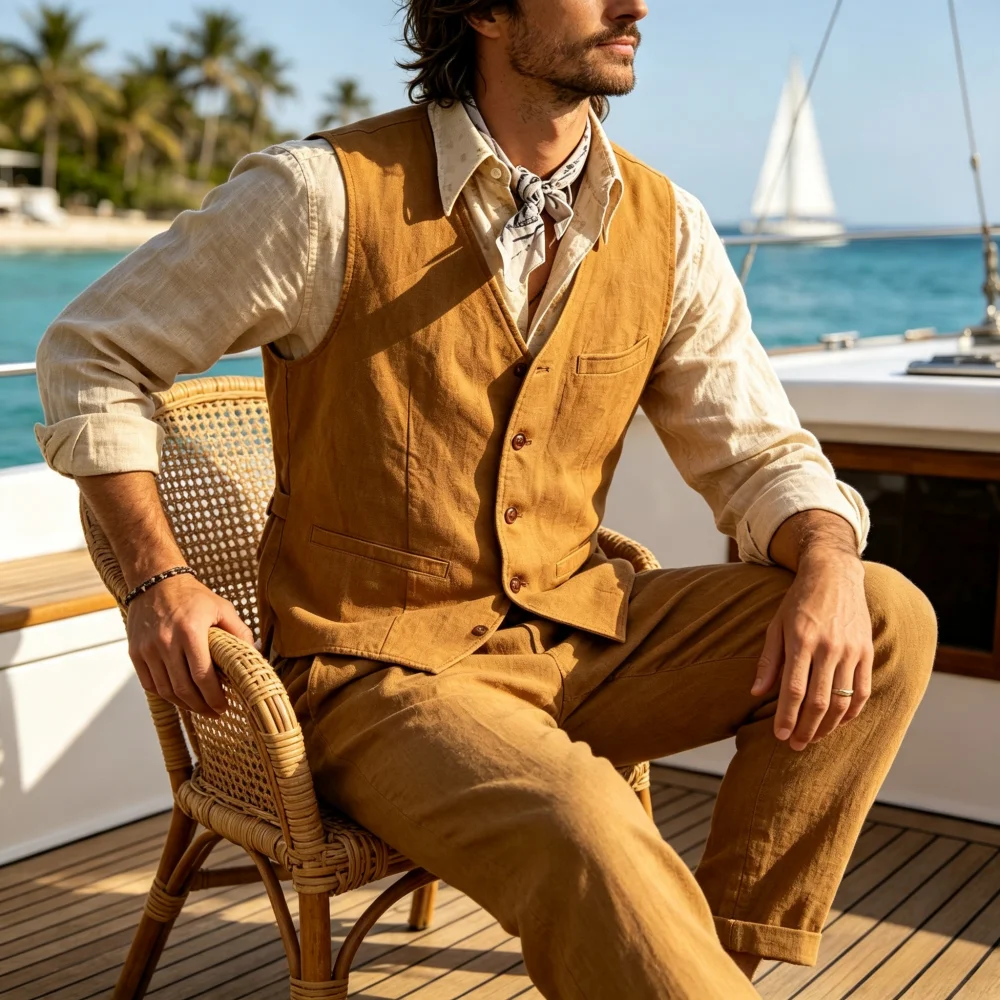 Men Cotton Linen Waistcoat Vintage V‑Neck Single Breasted Real Pocket Casual Men's Linen Vest For Beach Vacation Outfit