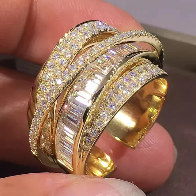 Huitan Luksusowe pierścionki otwierające w kolorze złotym dla kobiet Multi Cross Design Nowoczesne modne akcesoria damskie Bling Bling CZ Biżuteria