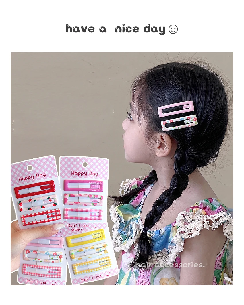Neue koreanische 3-teilige Haarspangen-Sets mit kariertem, floralem und fruchtigem Muster für Frauen, Mädchen und Kinder, BB-Haarspangen, Mädchen-Haaraccessoires – Detail 1