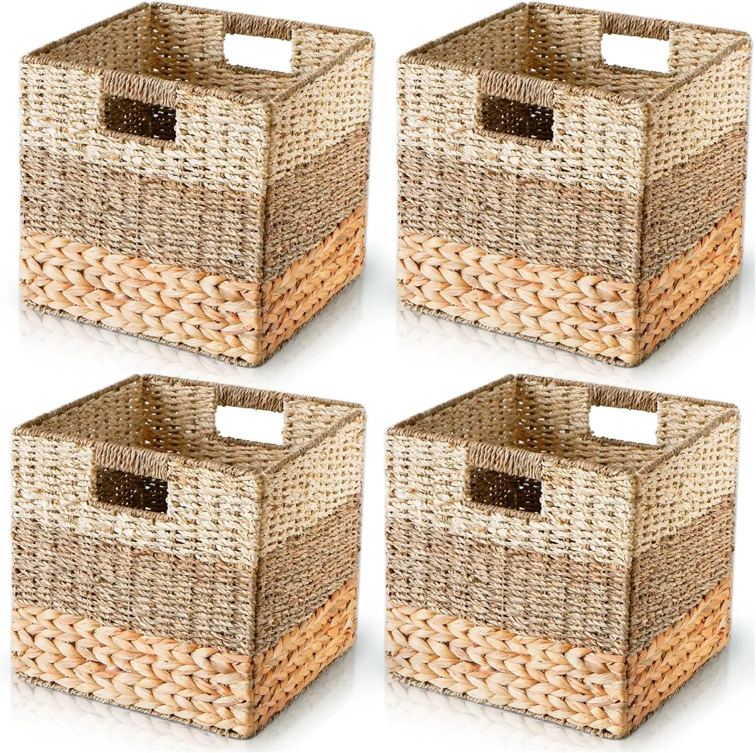 Wicker Storage Cubes 10.5 x 10.5 Set of 4 Heavy Duty Hyacinth Square Baskets for Shelf Storage Cube Bins 11x11 Cube Storage