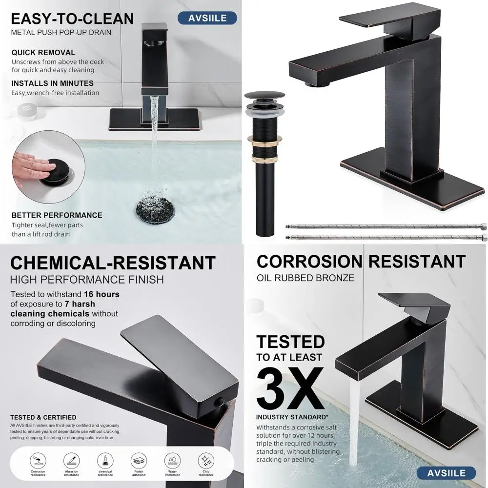 

Modern Single Handle Oil Rubbed Bronze Bathroom Sink Faucet with Pop-Up Drain and Water Hoses