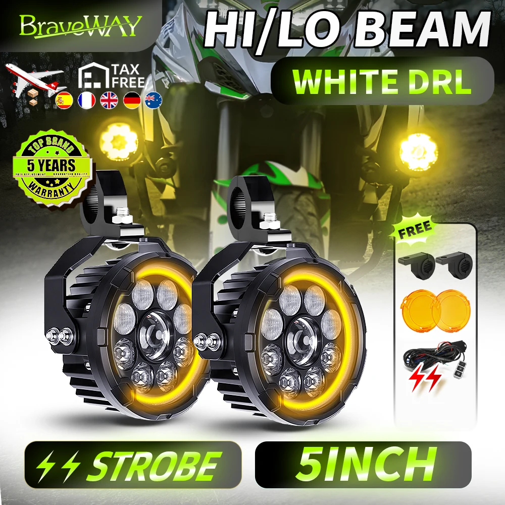 Feux auxiliaires de moto Braveway 5 pouces, clignotants stroboscopiques blancs et ambre, feux de jour (DRL) pour BMW R1200GS F800GS F700GS F650 K1600