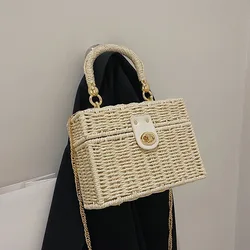 Summer Woven Small Square Bag Fashion Style Beach Bag Handbag Woven Handmade Box Top-handle Bag Shopping Crossbdy Bag Purse