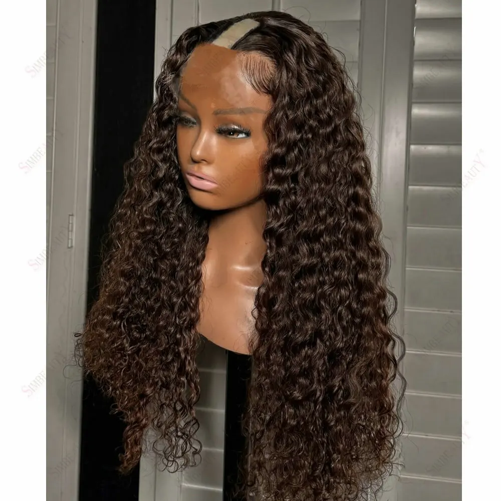 Lange, tiefe Locken, vollständig maschinell hergestellt, 1x4-Größe, V-Teil-Perücken aus Echthaar für schwarze Frauen, schokoladenbraun, klebefreie U-Teil-Perücken, einfach zu tragen – Detail 2