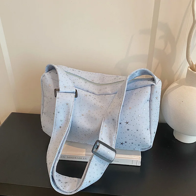 Women's Cute Star Pattern Canvas Crossbody Bag with Wide Adjustable Strap Casual Shoulder Purse for Travel Storage