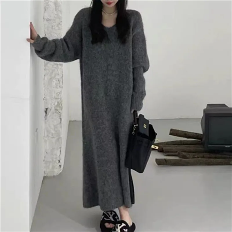 Women Dress Sets V Neck Knitting Sweaters Dress Solid Color Jumper Two Pieces Set Loose Casual Slight Strech Winter 2024