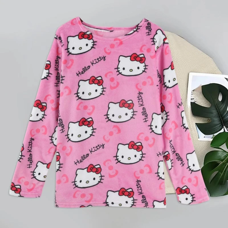 MINISO 2PCS Hello Kitty Anime Y2k Kawaii Flannel Pajamas Women Warm Cartoon Casual Home Pants Autumn Winter Tops Trousers Set