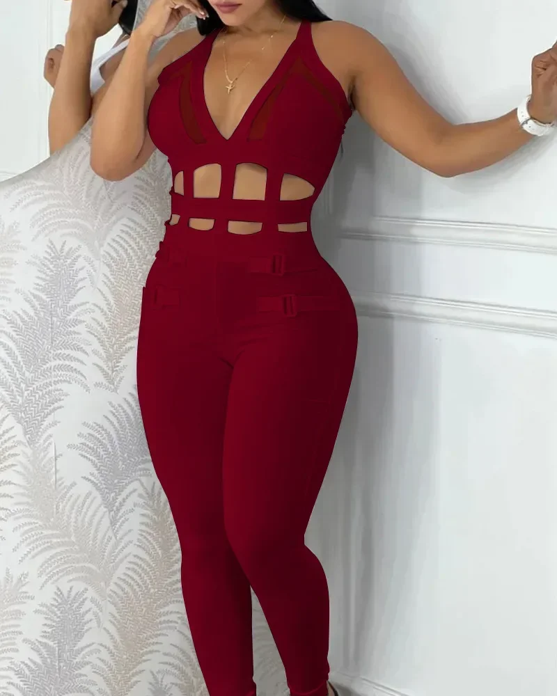 

Women Spring Summer Jumpsuits Sleeveless New Printed White Waist Hollow Out Strap Halter Tight Jumpsuit Overall Pants