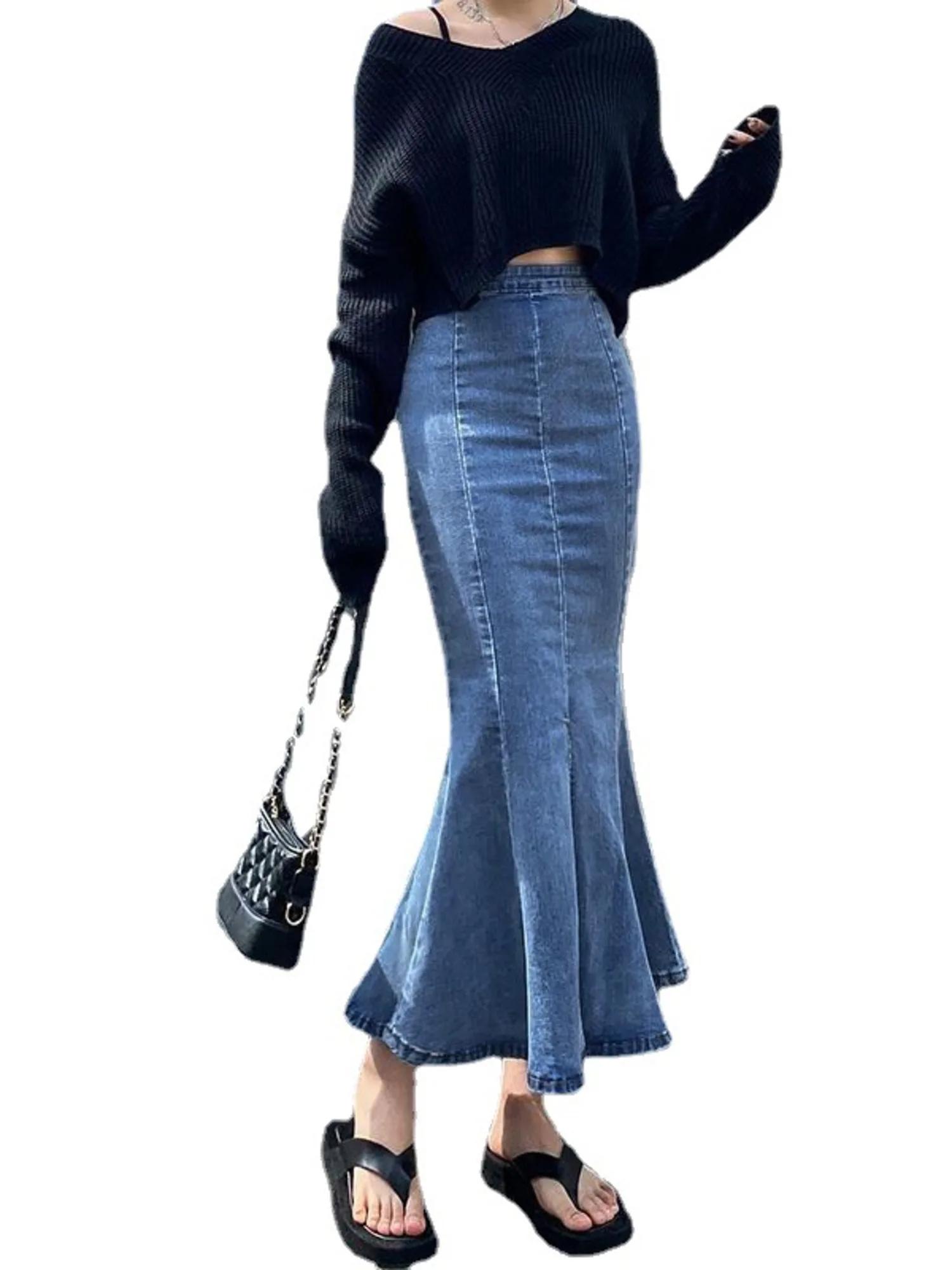 

Women's High Waist Denim Mermaid Skirt Vintage Washed Flared Hem Bodycon Midi Skirt Raw Edge