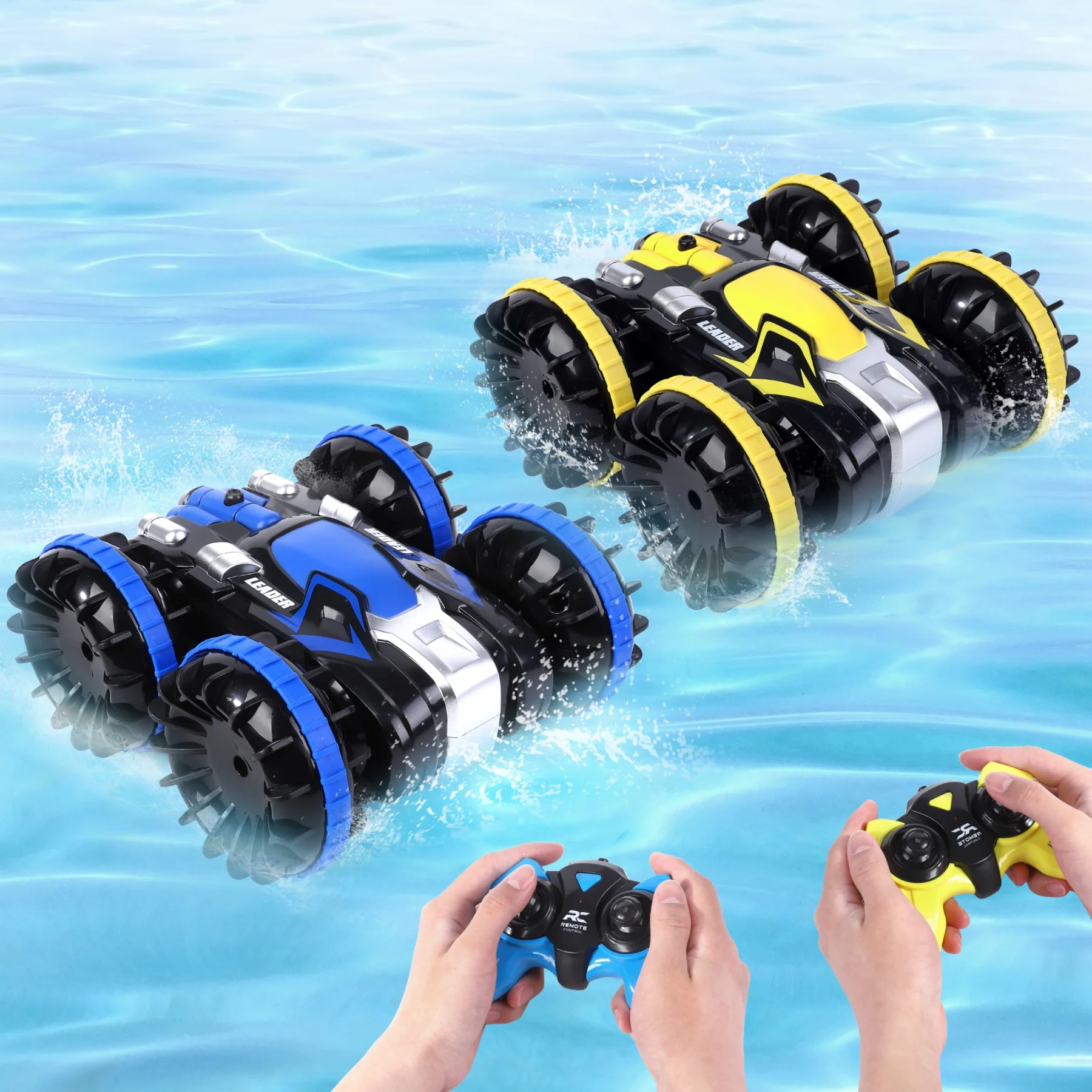 2PACK Amphibious RC Car 2.4 GHz Remote Control Boat Waterproof RC Monster Truck Stunt Car 4WD Remote Control Vehicle All Terrain Water Beach Pool Toy for Boys Girls