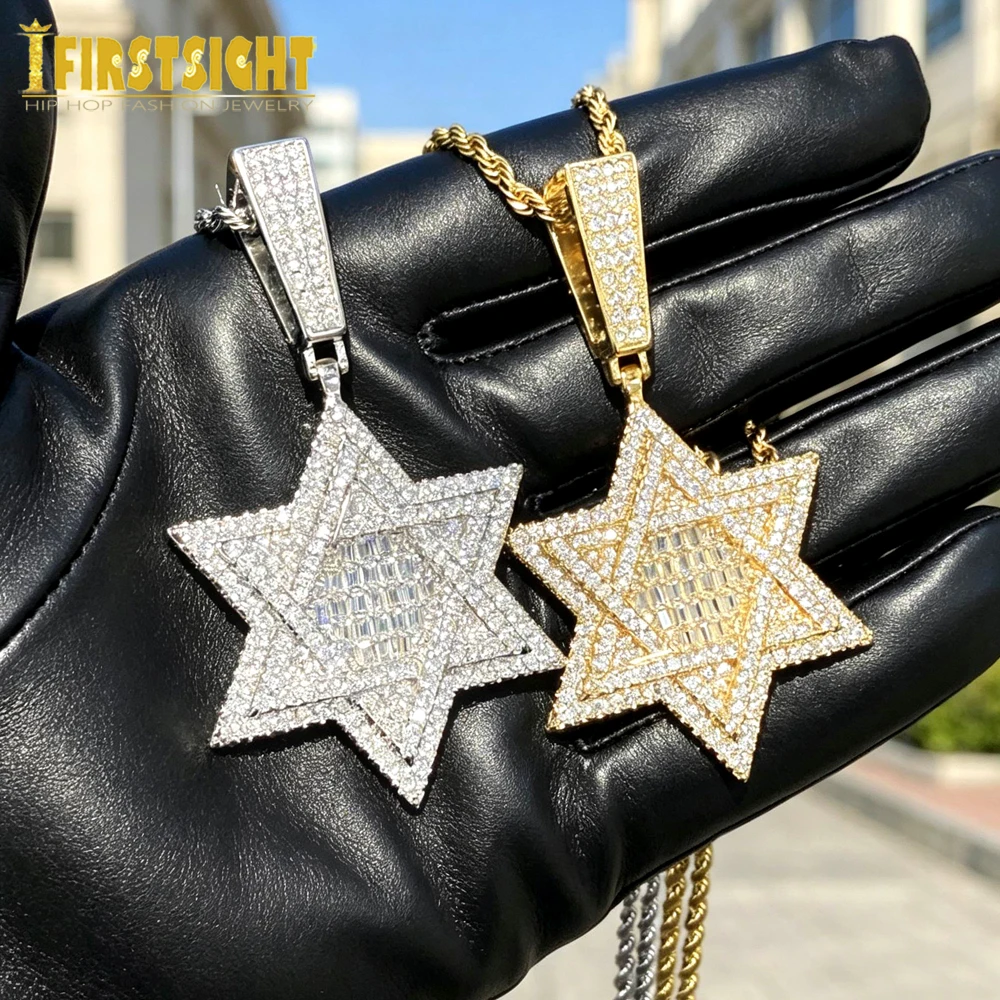 Colar Hip Hop Iced Out com Pingente Estrela de Davi Cravejado com Zircônia Cúbica para Homens e Meninos – Joia de Destaque com Brilho Intenso