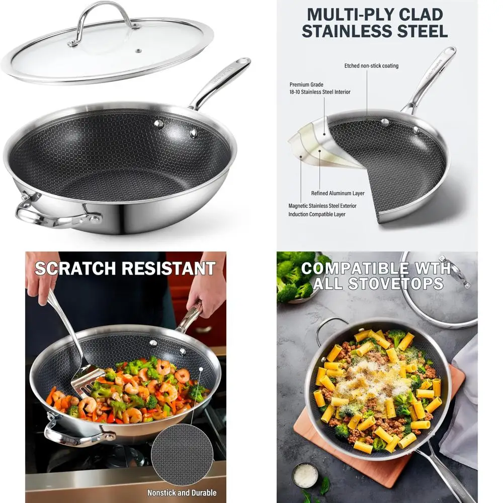 

12-Inch Multi-Ply Stainless Steel Nonstick Wok with Tempered Glass Lid, Flat Bottom for Stir Frying and Cooking, Hybrid Design f