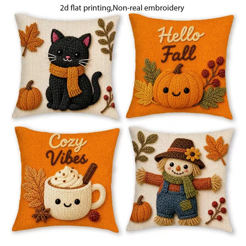 2D Flat Print Autumn Cartoon Halloween Rustic Throw Pillow Covers, Cute Ghost Pumpkin Maple Leaf Cushion Covers