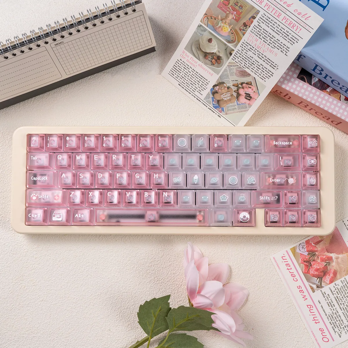 URE Meow Dessert Shop Keycaps Cherry Profile Transparent Keycaps Gradient Pink Crystal Clear Key Caps For MX Mechanical Keyboard