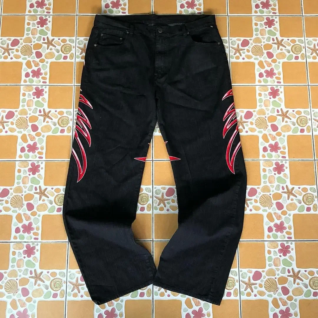 Jeans larghi dritti a vita alta con stampa grafica retrò Harajuku moda donna Y2K pantaloni larghi gotici Streetwear grigi lavati