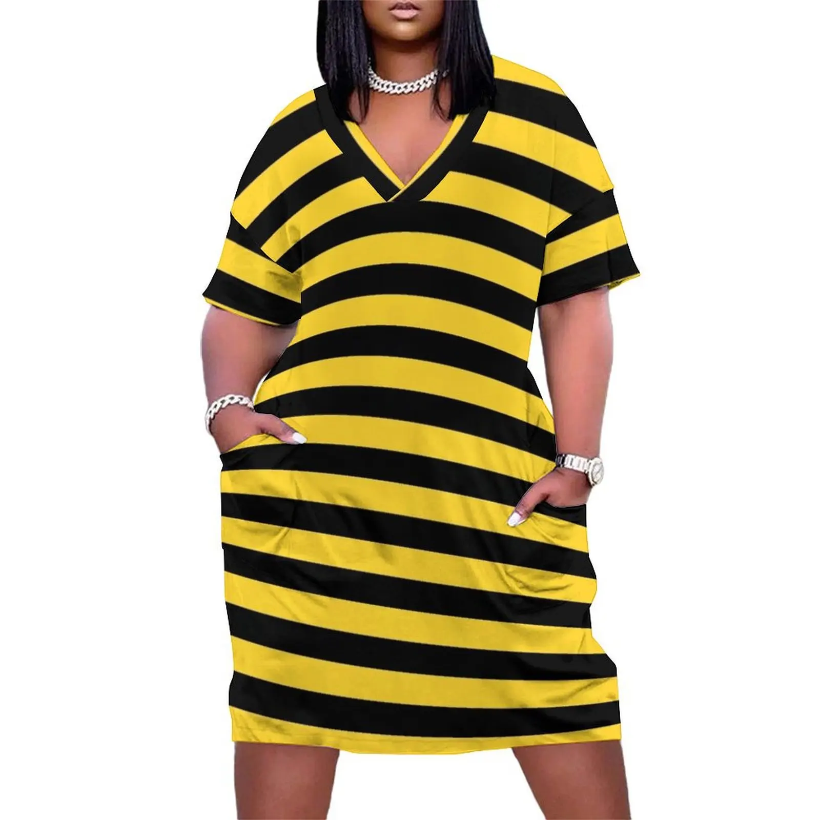 

Yellow and Black Honey Bee Stripes Loose Pocket Dress women clothing 2025 new arrivals women party dresses