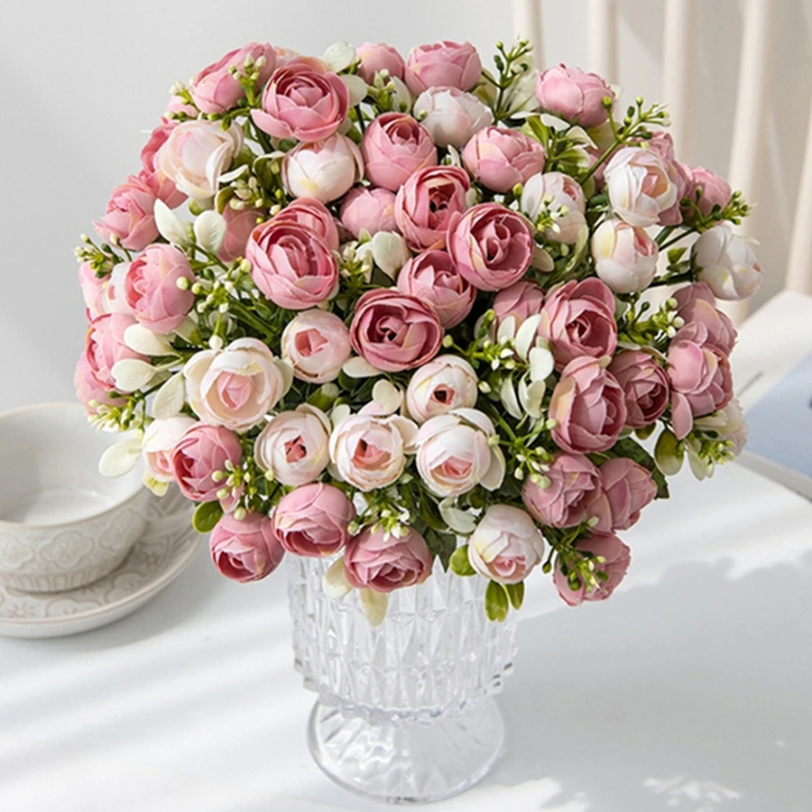 

1PC 15 Heads Silk Roses Tea Bud Wedding Outdoor Party Home Room Dining Table Floral Ornaments Christmas Decor Artificial Flowers