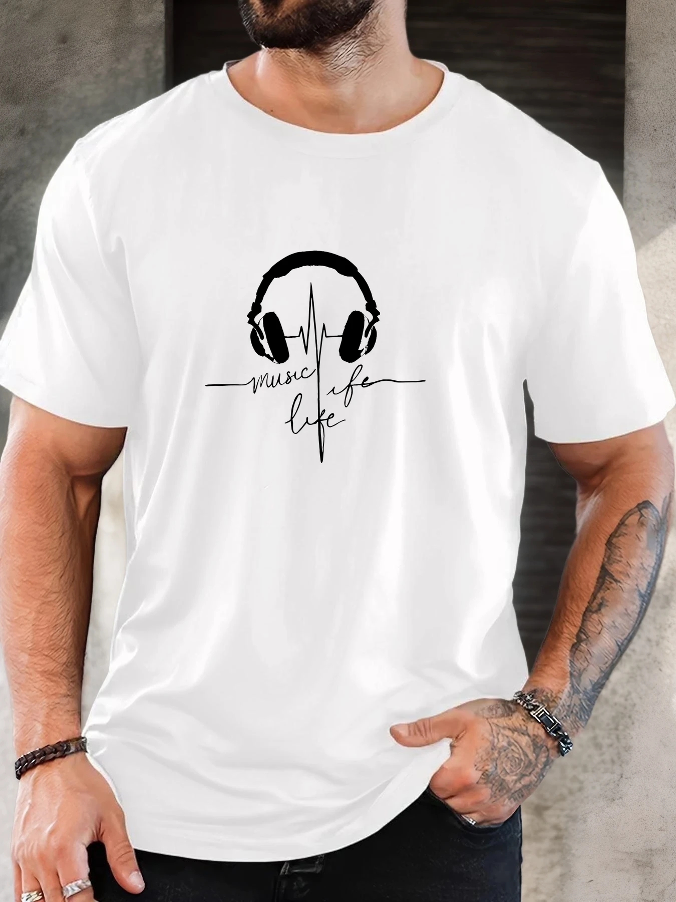 New Men Black Crew Neck Tee Minimal Headphone Heartbeat Music Is Life Cursive Script Music Lover Soft Cotton Male Casual Tops