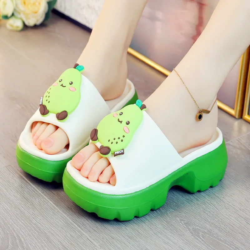 

2025 Cute fruits slippers for women summer heeled mules sandal woman anti odor EVA slide shoes ladies indoor platform slippers