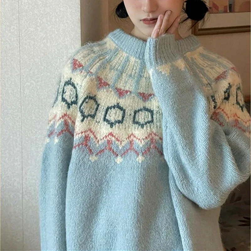 American Vintage Jacquard Geometric Blue Sweater Loose Warm Winter Pullover Preppy Youth Casual Oversized Jersey Jumper Harajuku