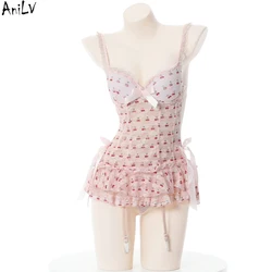 AniLV Romantic French Pink Cherry Lace Sexy Lingerie Short Dress Women Temptation Nightgown Set Pajamas Outfit Erotic Costumes