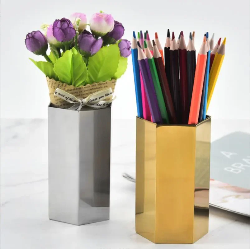 1PC Cylinder Pen/Pencil Container Aluminum Hexagon Stroke Brush Pot Gift Decorate Metal Pencil Holder Business Office Supplies