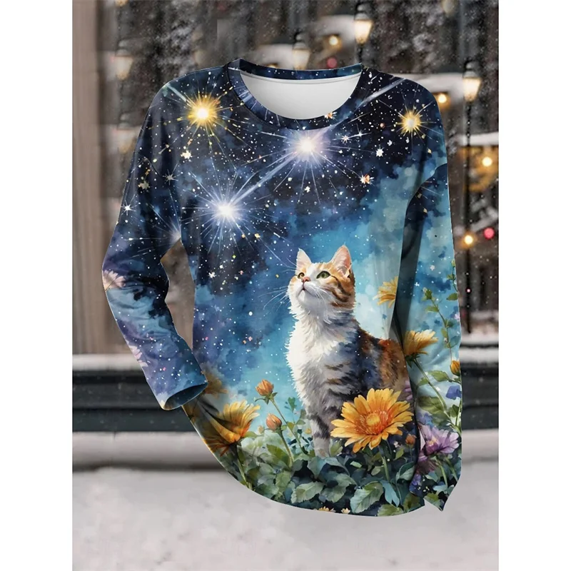 Cat Eagle Turtle Pattern T-Shirt For Men Starlit Sky 3D Printed T Shirts Autumn Casual Long Sleeves Loose Round Neck Tops Tees